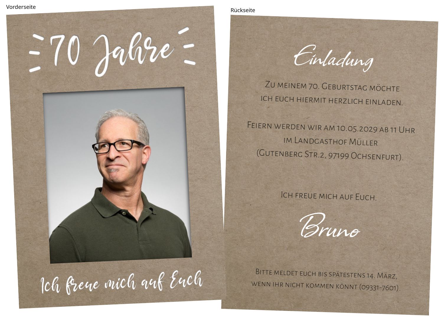 Foto-Einladungskarte zum 70. Geburtstag in Kraftkarton-Optik, individuell zu gestalten, mit Briefumschlag