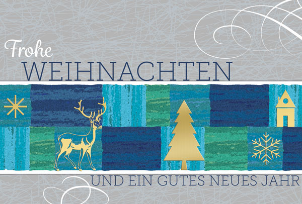 Weihnachtskarte Frohe Weihnachten mit weihnachtlichen Symbolen in Gold