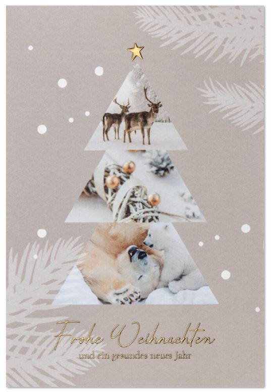 Weihnachtskarte "Traumhafter Winter" mit Goldfolienprägung sowie Tannenbaum mit tierischen Bildausschnitten