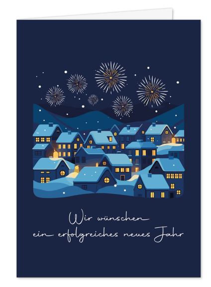 Geschäftliche Neujahrskarte „Feuerwerk über dem Winterdorf“ in Dunkelblau mit Neujahrsgruß