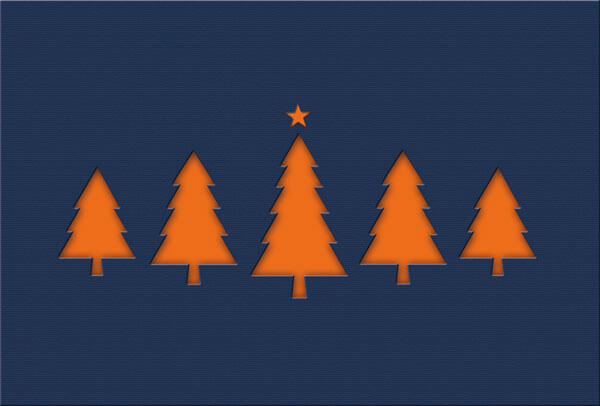 Dunkelblaue Weihnachtkarte mit orangenem Falteinleger und Motivstanzung Bäume und Stern