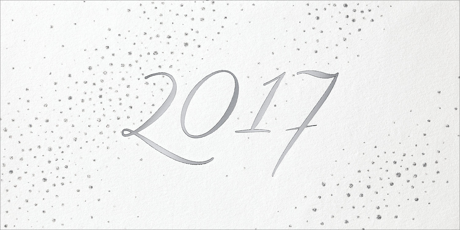 Neujahrskarte weiß mit Jahreszahl 2017 und partieller Glitzerlackierung