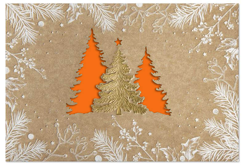 Weihnachtskarte aus braunem Naturkarton mit Stanzung und Goldprägung, Einleger orange