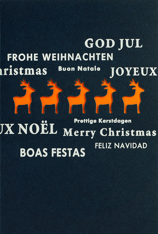 Weihnachtskarte nachtblau mit Rentieren und Wünschen - orange