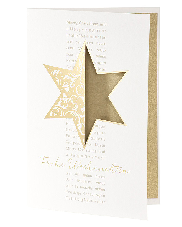 Weihnachtskarte weiß gold mit Stern und mehrsprachigen Wünschen