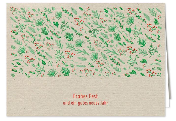 Natürliche Weihnachtskarte in graubraun mit floralem Druck und rot geprägtem Weihnachtsgruß, inkl. Einlegeblatt