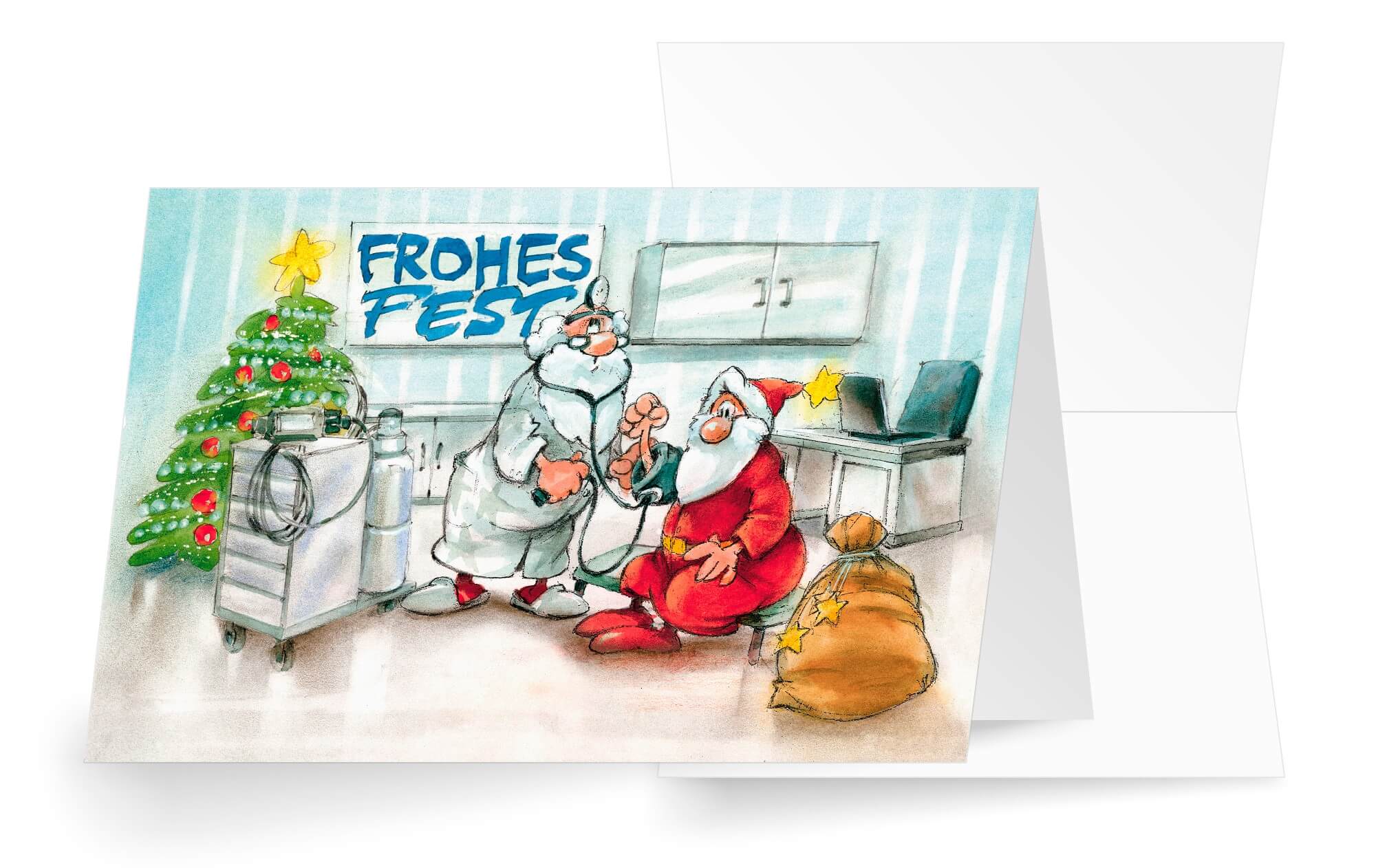 Humorvolle Weihnachtskarte für Ärzte, Allgemeinärzte, Internisten mit Baum und Weihnachtsgurß