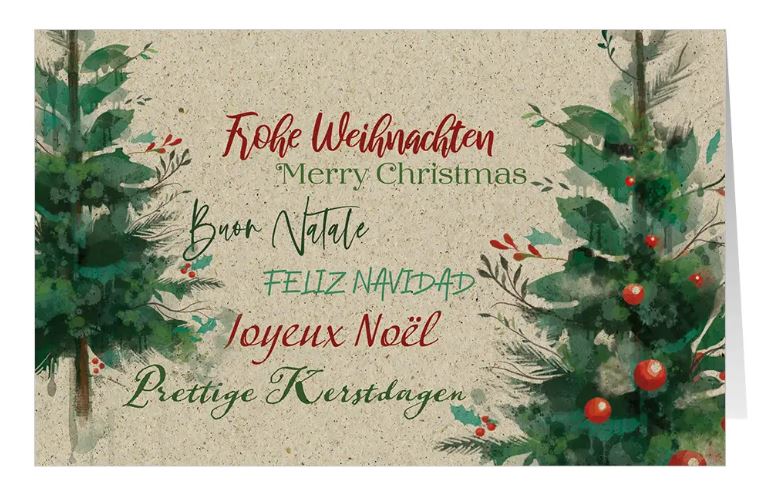 Internationale Weihnachtskarte aus naturbraunem Graspapierkarton "Joyeux Noël" mit grünen Tannen