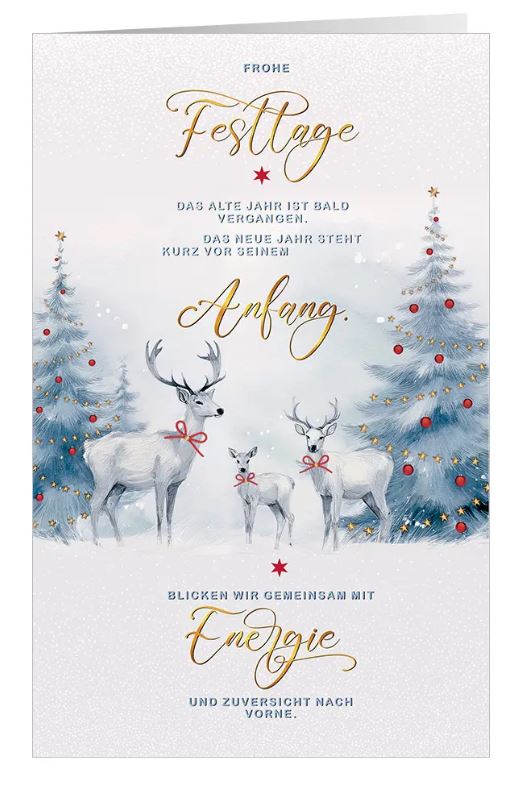 Geschäftliche Weihnachtsgrußkarte "Hirschfamilie" im winterlichen Design mit Weihnachtsgruß und motivierender Botschaft