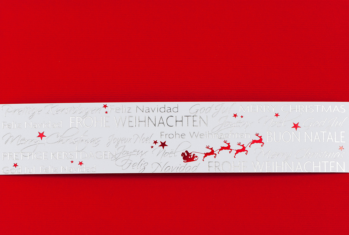 Weihnachtskarte rot mit weißer Banderole und Folienprägung