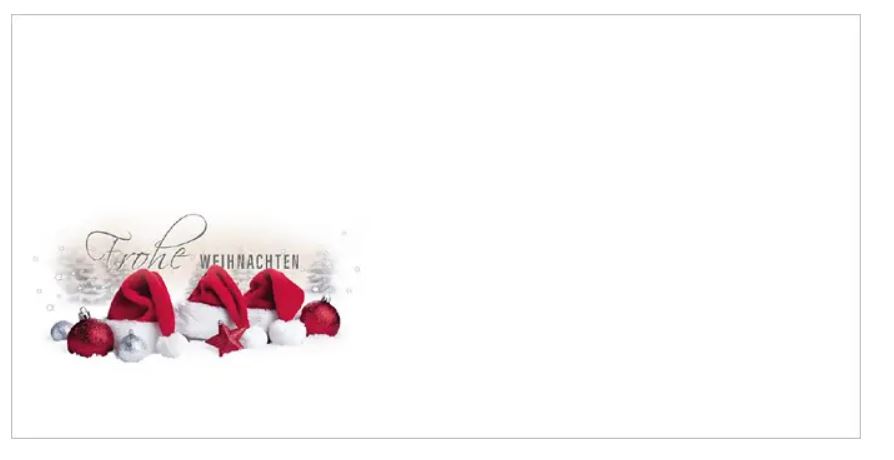 Weihnachts-Briefkuvert ohne Fenster, haftklebend, DIN lang "Rote Weihnachtsmützen" mit Gruß