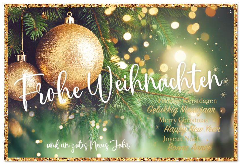 Internationale Weihnachts-Spendenkarte mit goldenen Kugeln an Zweigen zugunsten: Deutscher Kinderschutzbund e.V.