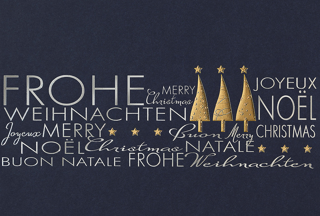Weihnachtskarte nachtblau mit mehrsprachigen Weihnachtswünschen