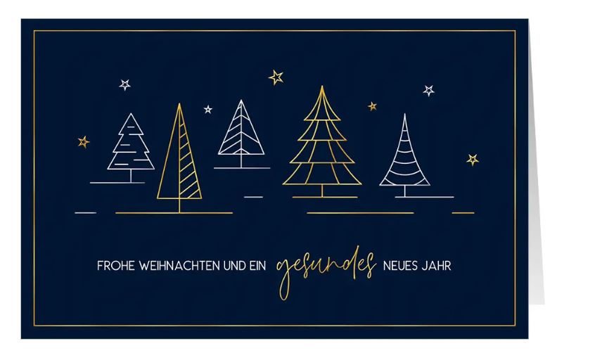 Elegante Präge-Weihnachtskarte "Blaue Harmonie" mit Goldfolienprägung, Motiv: Tannenbäume, Sterne und Gruß