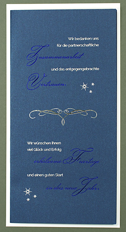 Weihnachtskarte nachtblau metallic mit geschäftlichem Text