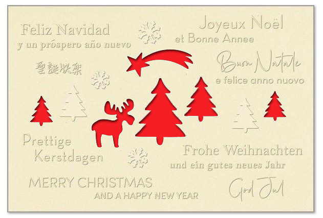 Hellbeige Weihnachtskarte "Elchgruß" mit Formstanzung und fühlbarer Blindprägung, mehrsprachig, Einleger rot