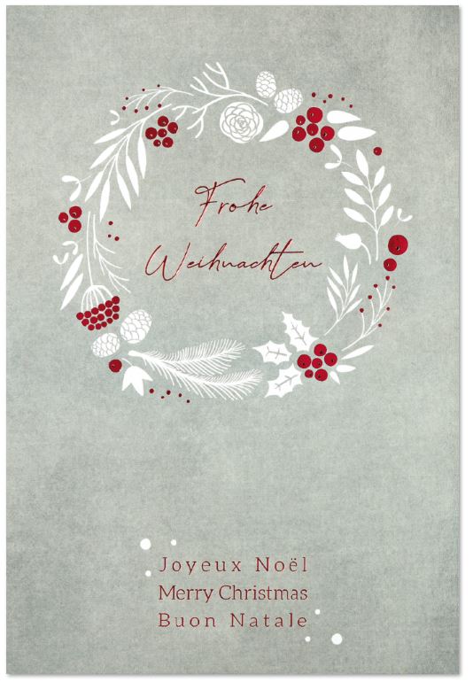 Graue, mehrsprachige Weihnachtskarte mit "Frohe Weihnachten" und floralem Kranz