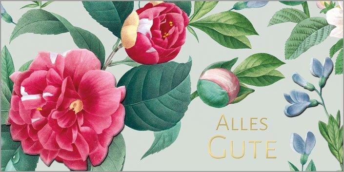 Klassisch-elegante Glückwunschkarte "Pfingstrosen" mit Gold- und fühlbarer Blindprägung, inkl. Falteinleger