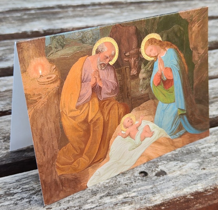 Sakrale Kunst-Weihnachtskarte mit buntem Farbdruck "Geburt Christi" von August Wörndle.