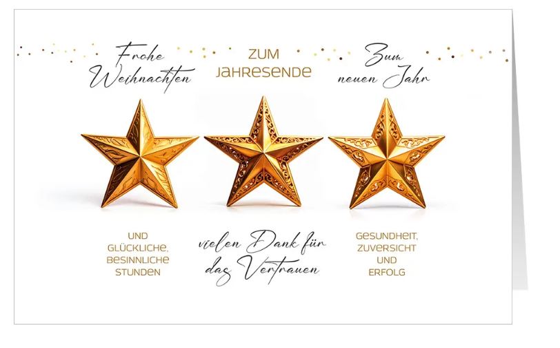 Firmenweihnachtskarte "Sternenglanz" mit geschäftlichen Weihnachts- und Neujahrsgrüßen sowie Dank für Vertrauen