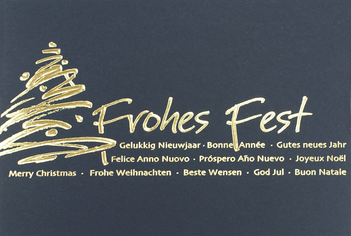 Weihnachtskarte mit Spendenanteil zugunsten Peter Maffay Stiftung in blau mit internationalen Grüßen
