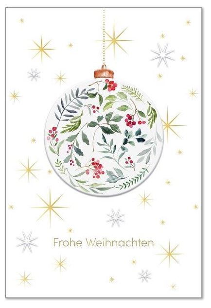 Weiße Weihnachtskarte "Zarte Beerenweihnacht" mit floraler Weihnachtskugel, Gold- und Blindprägung