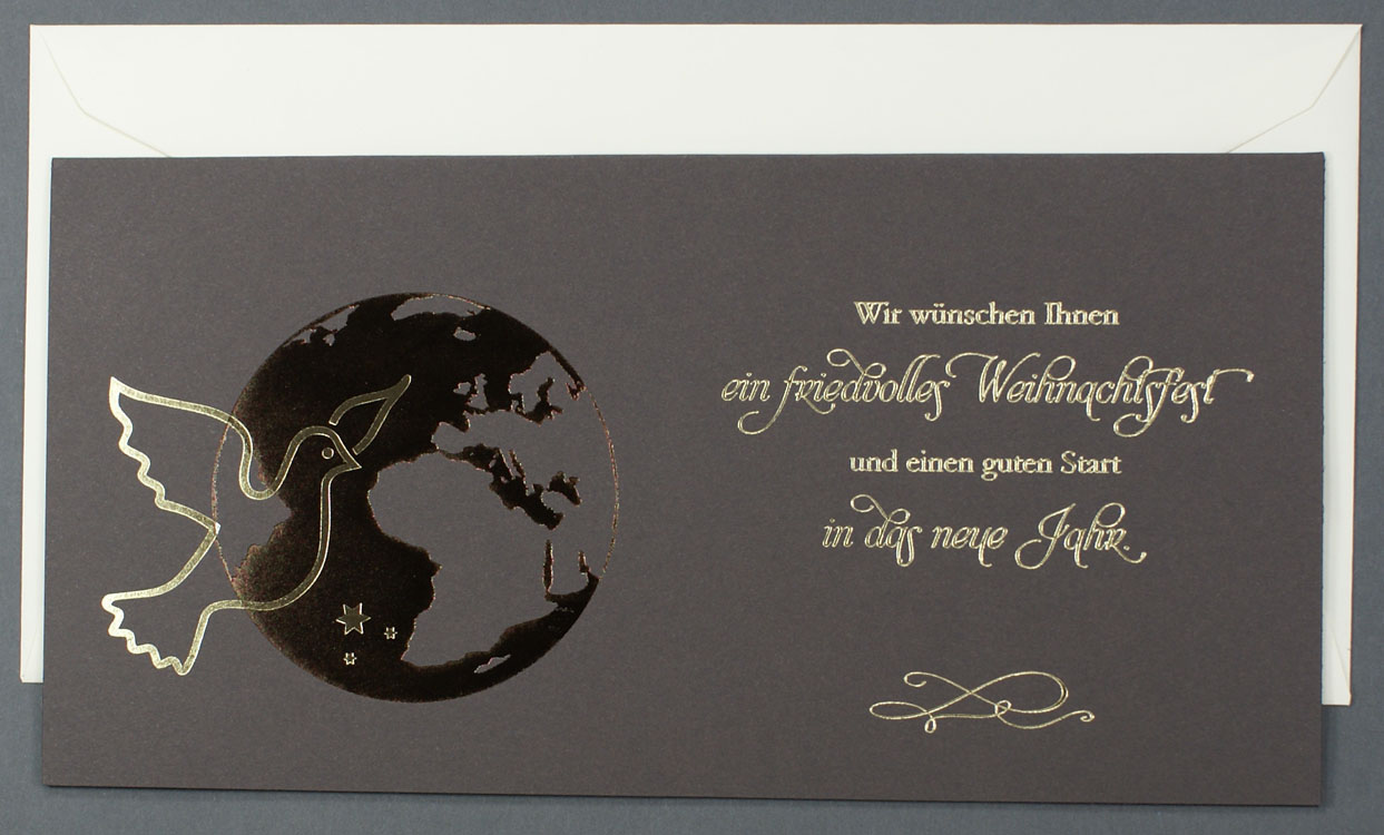 Weihnachtskarte dunkelbraun mit Taube, Erde und goldener Schrift
