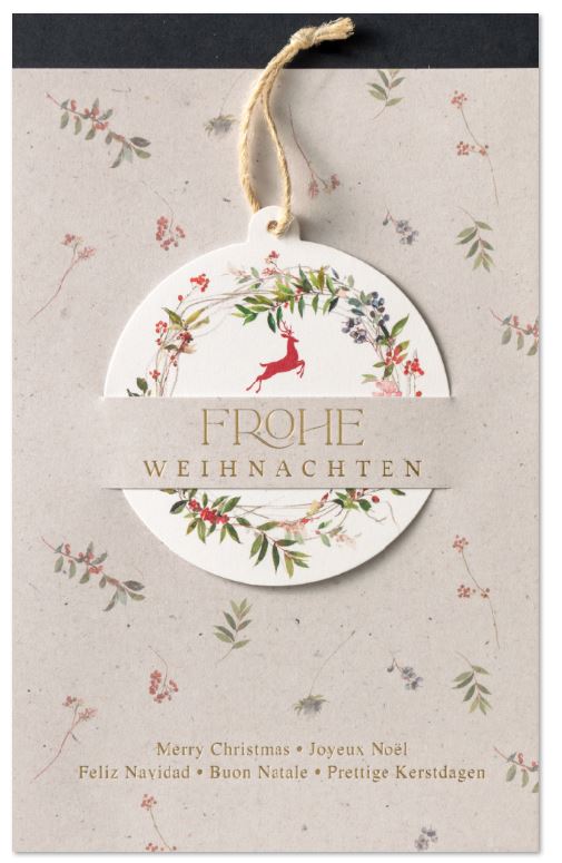 Internationale Weihnachtskarte "Blütentraum" mit eingesteckter Kugel, Naturkordel und Goldfolienprägung, inkl. Einleger