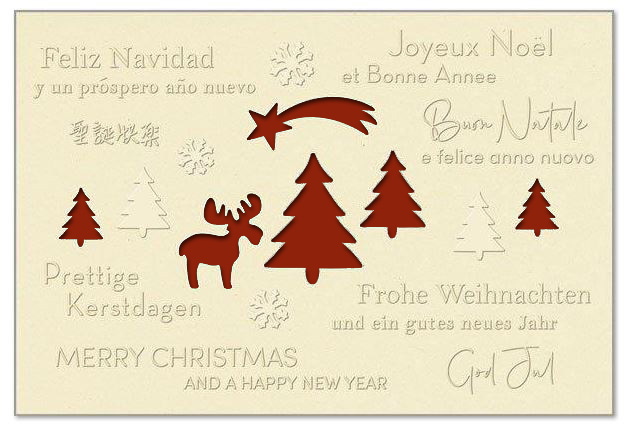 Hellbeige Weihnachtskarte "Elchgruß" mit Formstanzung und fühlbarer Blindprägung, mehrsprachig, Einleger dunkelrot