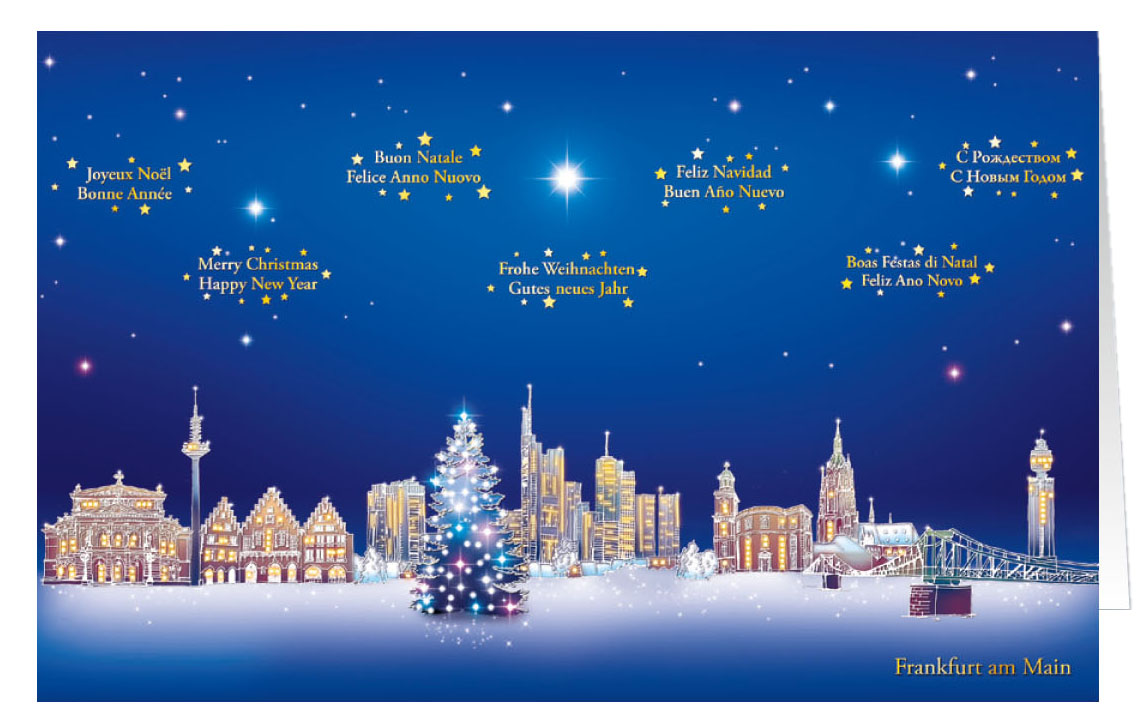 Weihnachtskarte mit internationalen Grüßen aus Frankfurt am Main Städtekarte