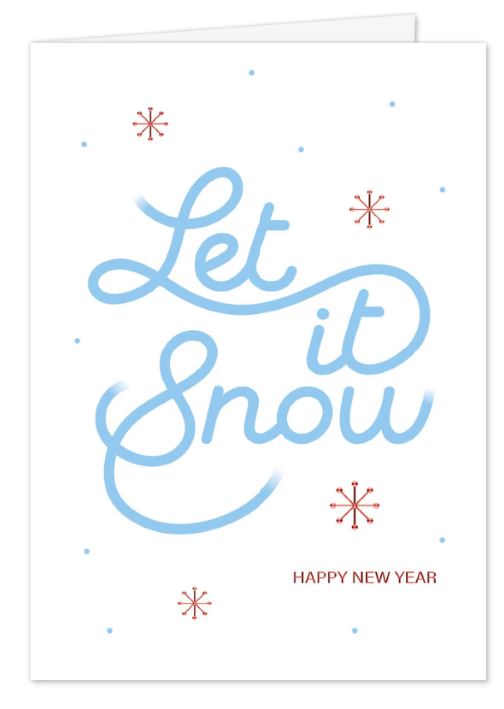 Moderne Neujahrskarte „Let it Snow“ in Weiß und Hellblau mit Foliendruck von Schneekristallen in Rot