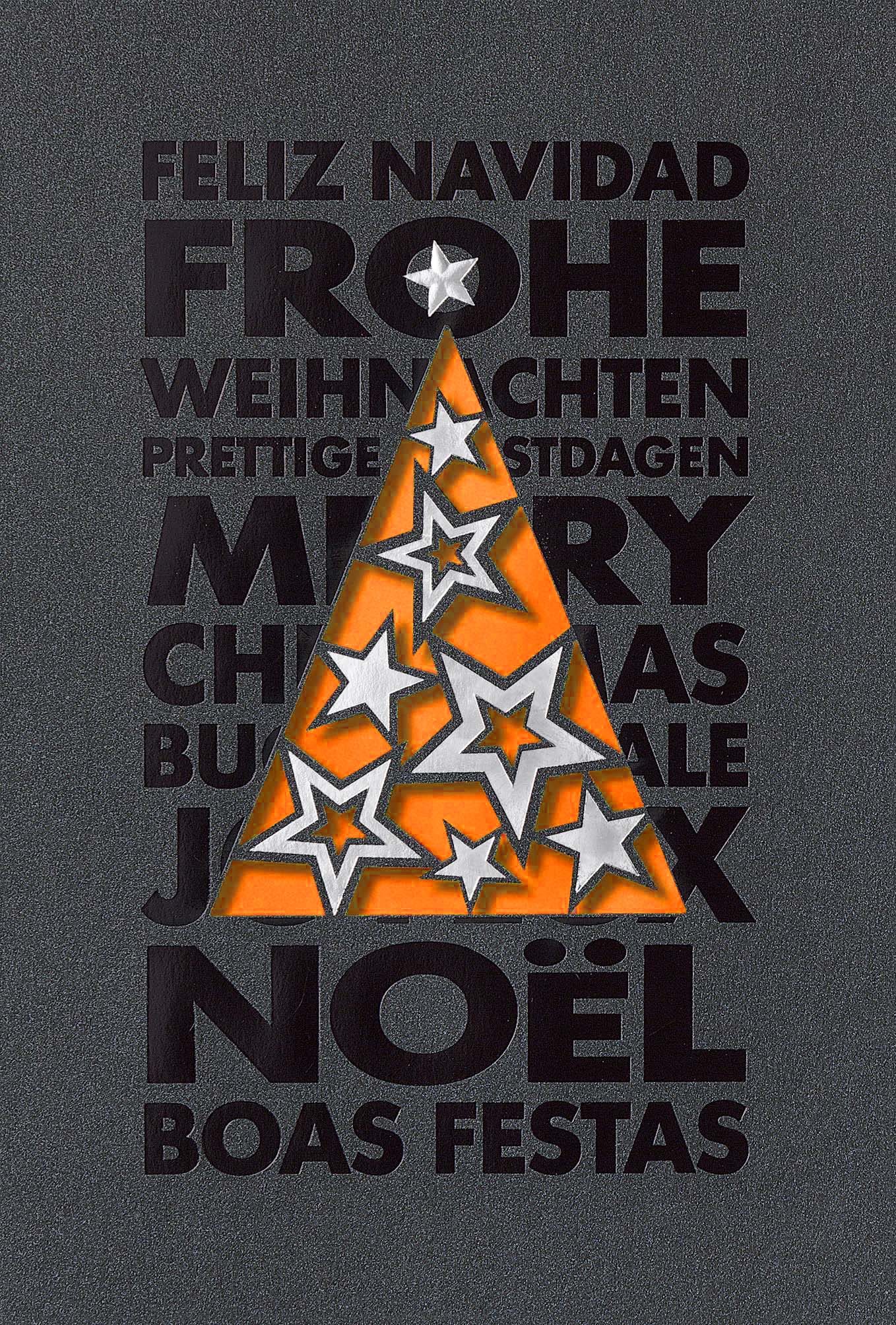 Internationale Weihnachtskarte in dunkelgrau mit Stanzung, Sternen und orangenem Einleger