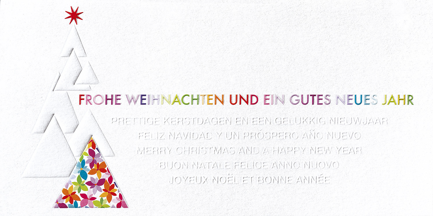 Weihnachtskarte weiß mit farbenfrohem Aufdruck inkl. Glanzlack