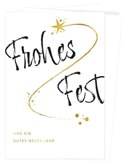 Moderne Weihnachtskarte "Schwungvolle Weihnachten" in weiß mit Schwarz- und Goldfolienprägung, inkl. Einleger