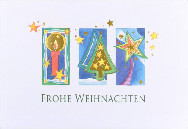 Weihnachtskarte weiß mit Zeichnungen und Goldfolienprägung Kerze Weihnachtsbaum Stern