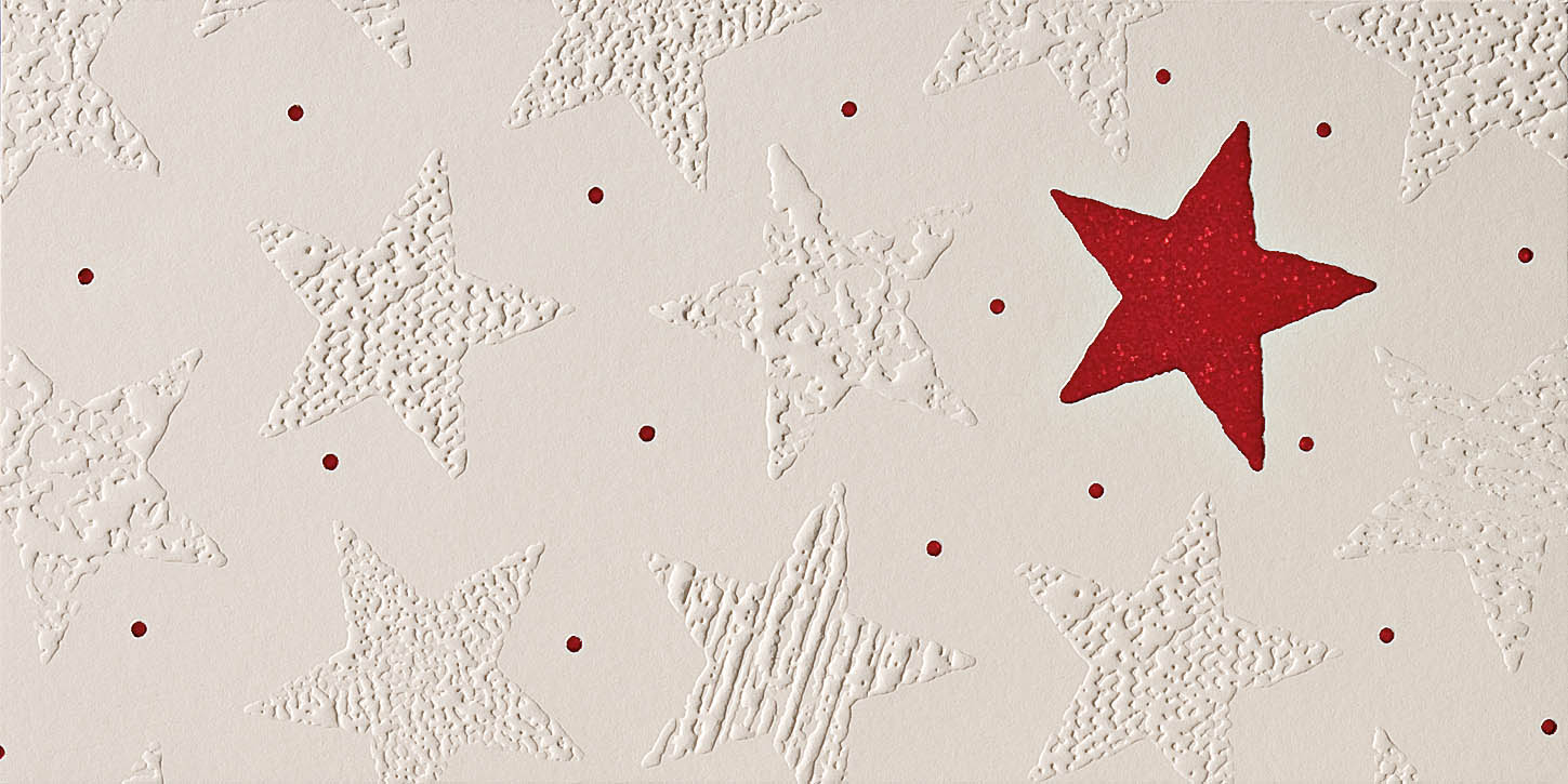 Weihnachtsspendenkarte mit gutem Zweck: DKMS - Weihnachtskarte mit großen Sternen und Punkten
