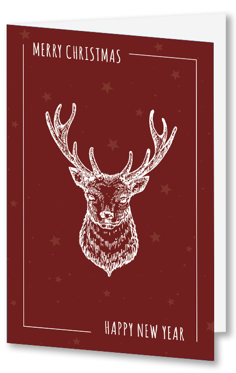 Moderne Weihnachtskarte in Bordeauxrot „Christmas Deer“ mit Hirsch und dezentem Sternenhintergrund sowie englischsprachigem Gruß
