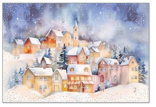Malerische Adventskalenderkarte "Vorfreude" mit 24 Türchen zum Öffnen und winterlichem Dorf