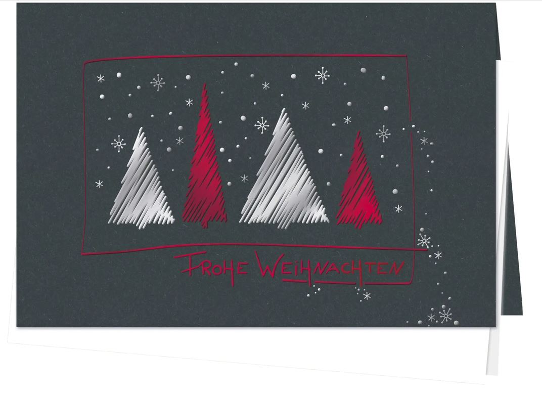 Moderne Weihnachtskarte in Schwarz mit Weihnachtsgruß und Bäumen in Silber- und Rotfolienprägung, inkl. Falteinleger