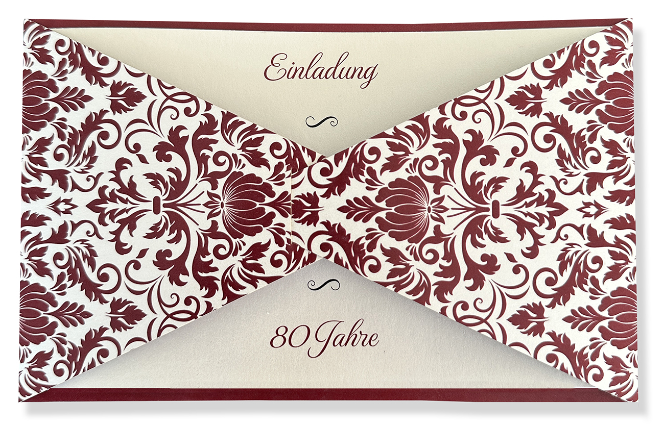 Einladungskarte im festlichen Design zum 80. Geburtstag in creme/rot metallic mit Ornamenten