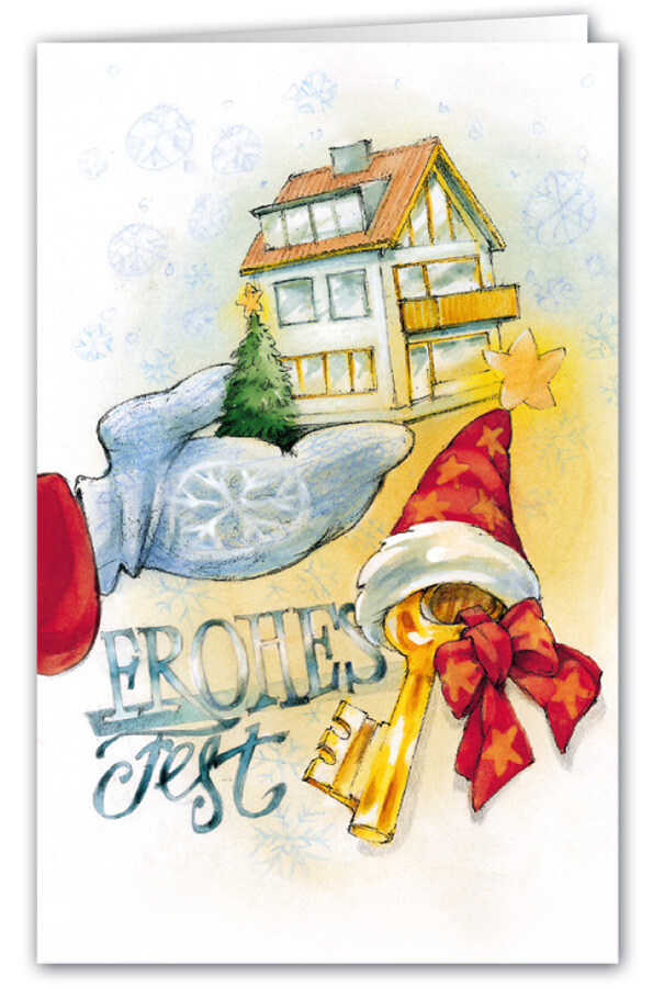 Weihnachtskarte als Branchenkarte für Immobilienmakler mit lustigem Motivdruck und Weihnachtsgruß