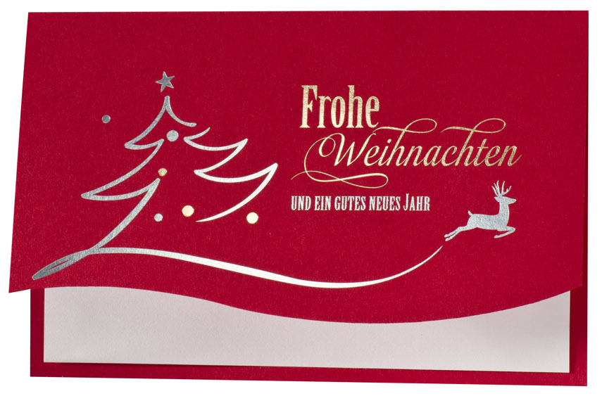 Weihnachtskarte rot mit Konturstanzung und roter und silberner Schrift
