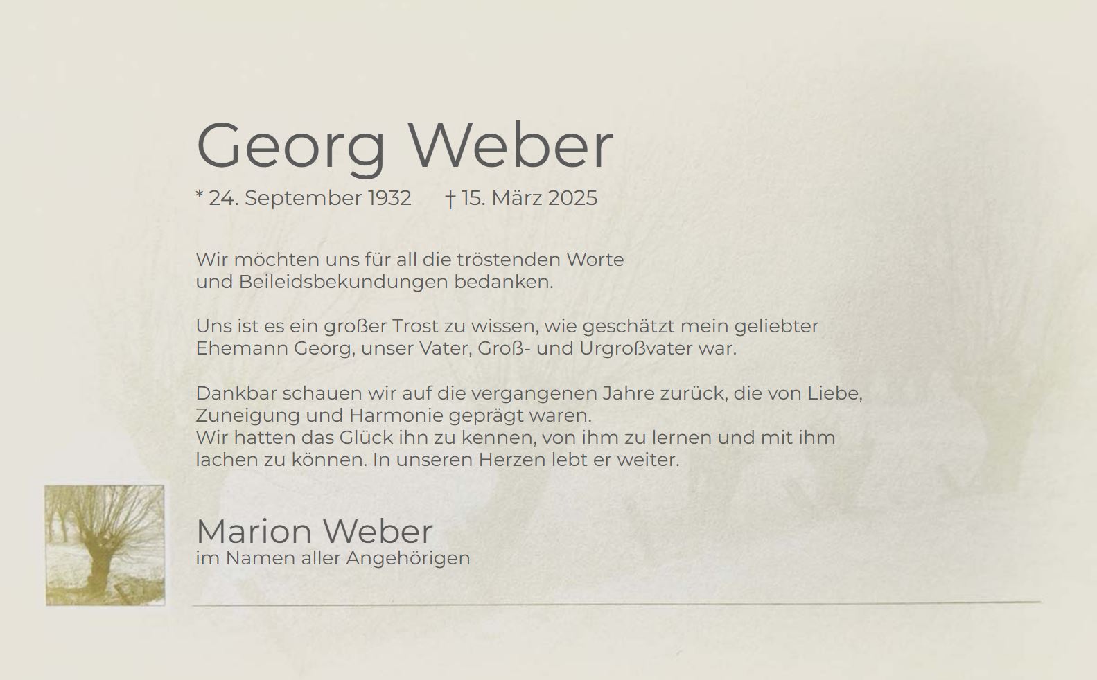 Trauer-Dankkarte mit Weidenbäumen am Bach, in Naturlandschaft im Wasserzeichen-Hintergrund Trauer-Danksagungskarte mit Weidenbäumen, einseitig, cremeweiß im Querformat
