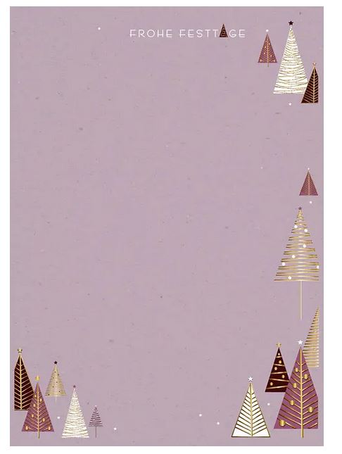Elegantes Weihnachtsbriefpapier in auberginefarben mit "Frohe Festtage" und Bäumen, DIN A4