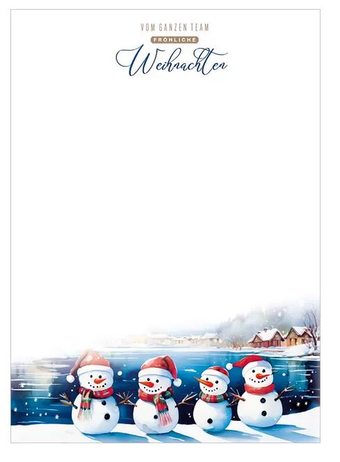 Fröhliches Firmen-Weihnachtsbriefpapier mit Schneemännern und weihnachtlichem Teamgruß, DIN A4