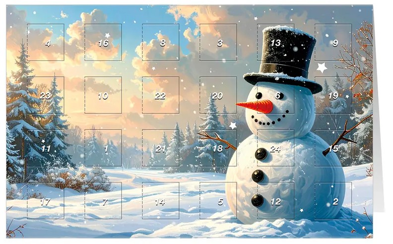 Adventskalenderkarte "Winterlicher Freund" mit fröhlichem Schneemann und 24 Fenster zum Öffnen