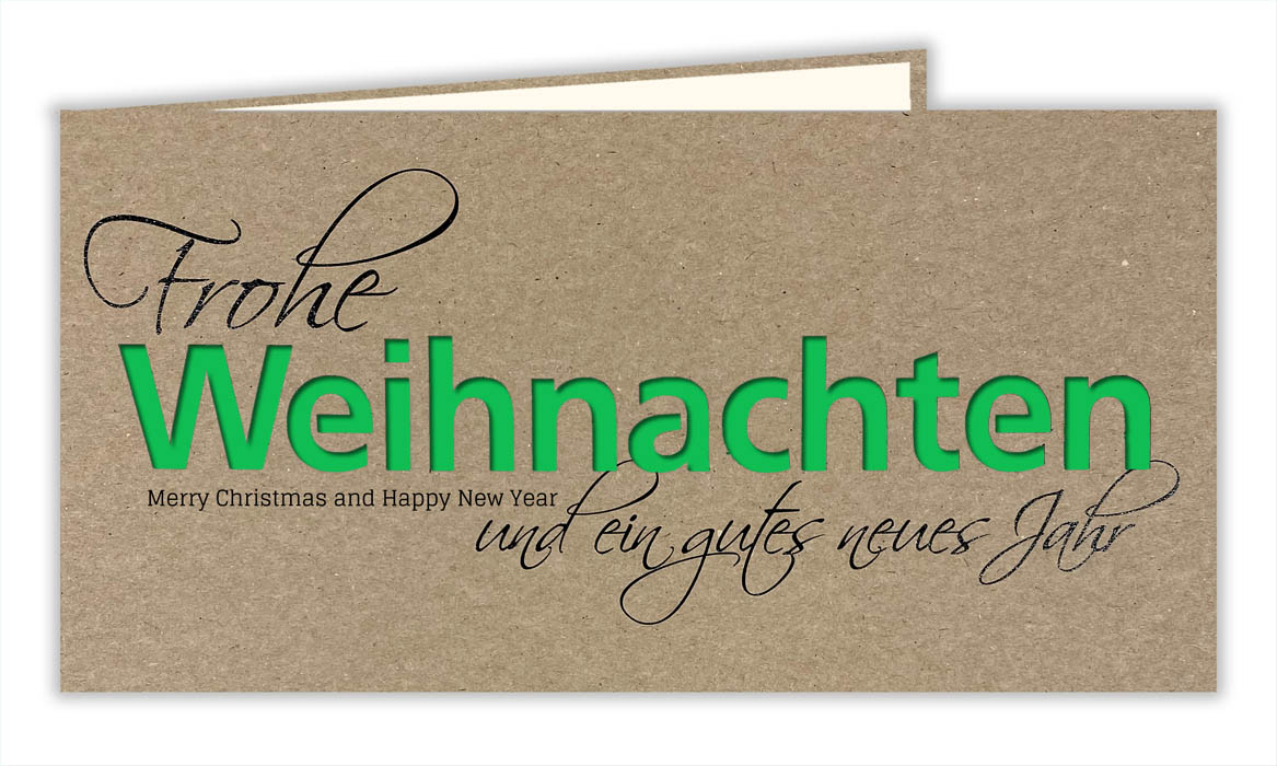 Naturbraune Weihnachtskarte mit Ausstanzung "Weihnachten" und grün-/weißem Einlegeblatt