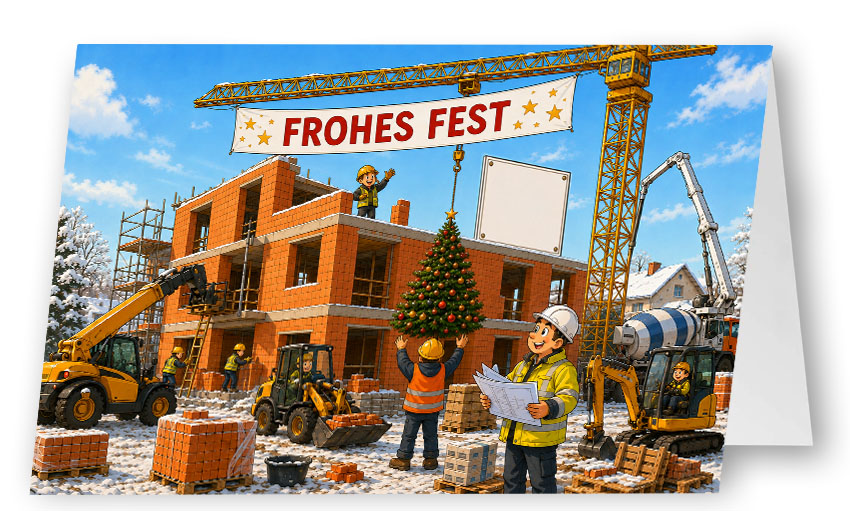 Fröhliche Weihnachtskarte „Weihnachtsbaustelle“ mit Rohbau, Baumaschinen und festlich geschmücktem Weihnachtsbaum