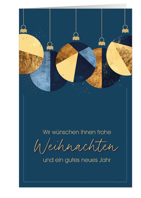 Moderne Spendenkarte "Mosaik" für Ärzte ohne Grenzen mit hängenden Weihnachtskugeln und Gruß