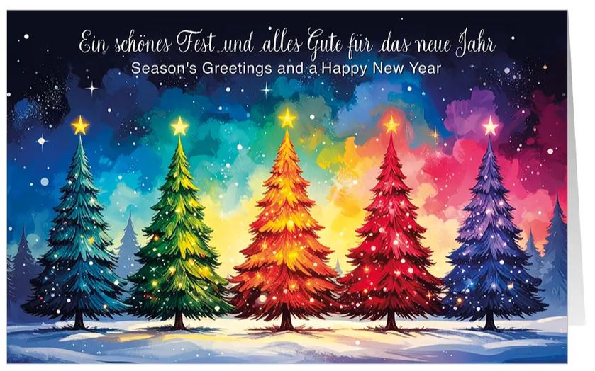 Moderne Spendenkarte "Bunte Weihnachten" mit deutsch-englischem Gruß zugunsten Ärzte ohne Grenzen
